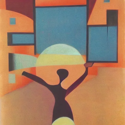 Prompt: beautiful sunset, 1 9 6 0 s woman dancing, cubism, muted colors, texture