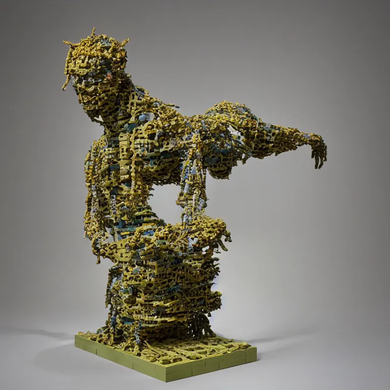 Prompt: hyperrealistic sculpture of a bronze fossilized ancient lego mindstorms archelon dusted with saffron and deep blue and grass green spraypaint and beeswax in a grid cage on a pedestal by ron mueck and duane hanson and lee bontecou, hyperrealistic dramatic colored lighting trending on artstation 8 k