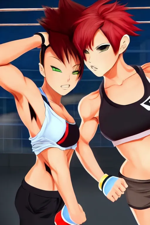 Prompt: two beautiful female fighters with short hair facing each other in the gym, dim lighting, gorgeous features, high definition, sharp focus, detailed anime art