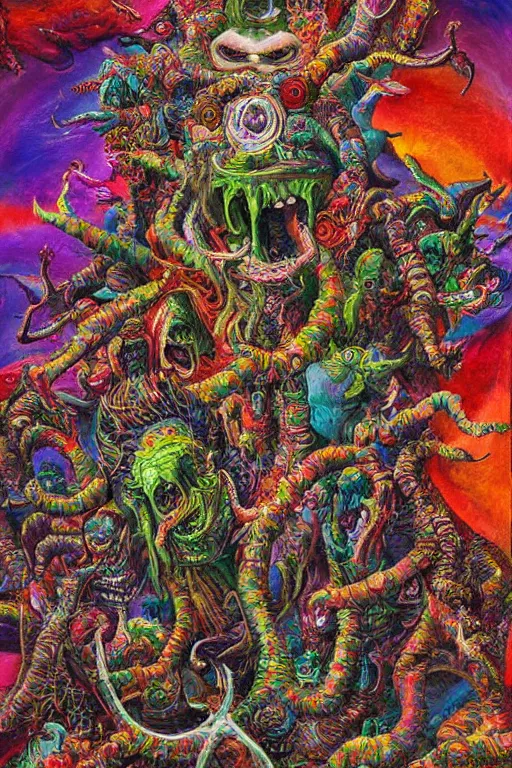 Image similar to a very high hyperdetailed painting with complex textures of a group of monsters united within a larger monster, made of candies and psychotropic psychoactive substances psychedelic fulcolor spiritual chaos surrealism horror bizarre psycho art
