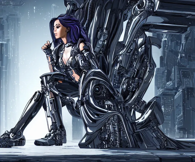 Image similar to majestic cyborg princess sitting on a metal throne in a futuristic castle, cyberpunk, highly detailed, sharp lines