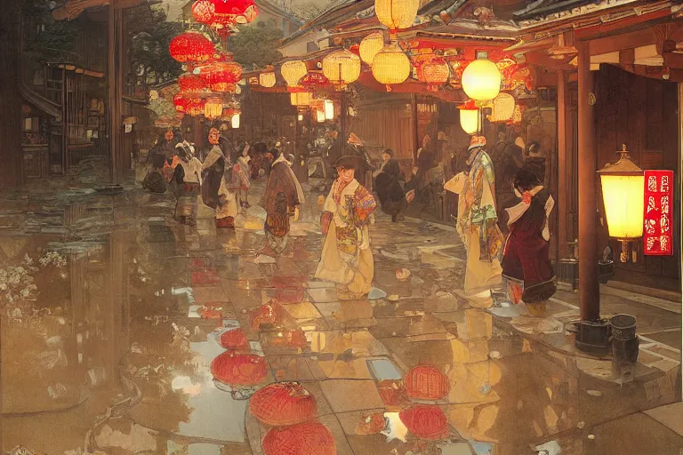 Image similar to a beautiful realistic painting of the lantern festival in old kyoto, intricate, elegant, highly detailed, digital painting, artstation, concept art, by krenz cushart and artem demura and alphonse mucha