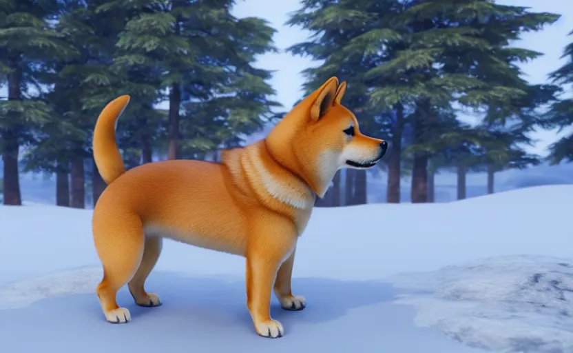 Prompt: A shiba inu dog in unreal engine, cinematic shot, campfire