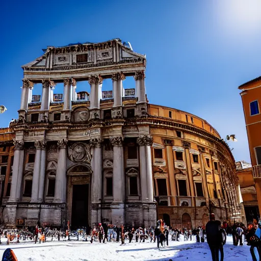 Image similar to The city of Rome under the snow on August. It's snowing everywhere on the entire cityscape of Rome under a blue sky and a very hot sun. It's crazy hot with red hot flames and fire everywhere but also very big snowflakes. People walk wearing swimsuits, tee shirts and shirt dresses and are very puzzled.