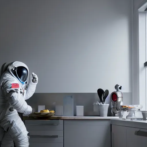 Prompt: a beautiful photo of an astronaut waiting in the kitchen, soft light, morning light, photorealistic, realistic, octane, 8k, cinematic shot