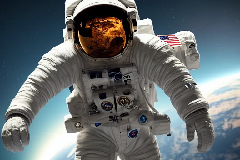 Prompt: astronaut in space wearing a spacesuit floating, earth in background, highly detailed, photorealistic portrait, bright studio setting, studio lighting, crisp quality and light reflections, unreal engine 5 quality render