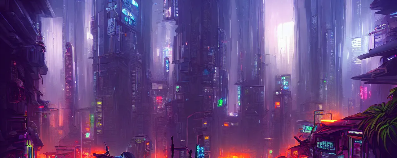 Prompt: A cyberpunk cityscape in the jungle, by Cyril Rolando, landscape, dramatic lighting, high contrast colors, panoramic view, as trending on Artstation, highly detailed,