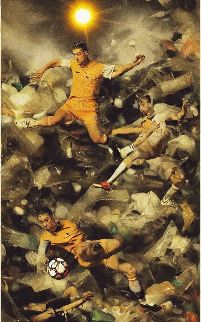Prompt: scientific cristiano ronaldo soccer player surrounded by trash meanwhile another soccer player is tackling the nike ball in front of the light flare, night earth crust, trail cam, realistic photography paleoart, masterpiece album cover, by Goya and Velazquez