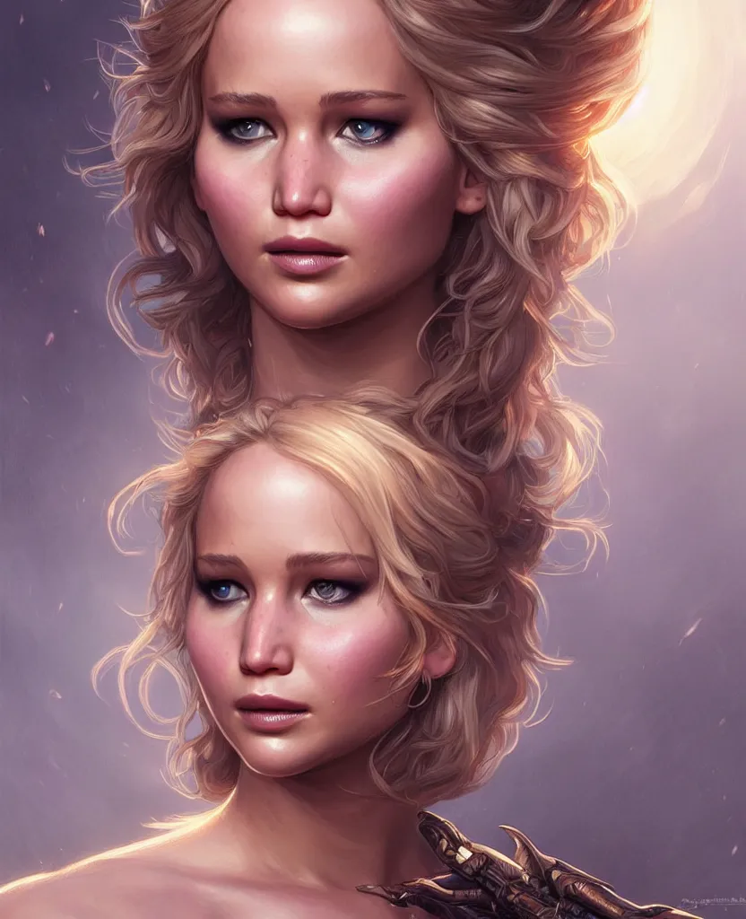 Image similar to Jennifer Lawrence, closeup, D&D, fantasy, intricate, elegant, highly detailed, digital painting, artstation, concept art, matte, sharp focus, illustration, hearthstone, art by Artgerm and Greg Rutkowski and Alphonse Mucha