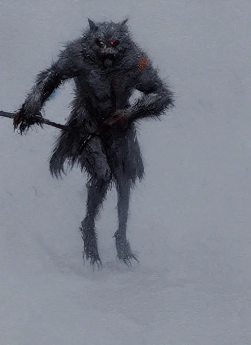 Prompt: jakub rozalski artstation, werewolf lurking in a snowstorm