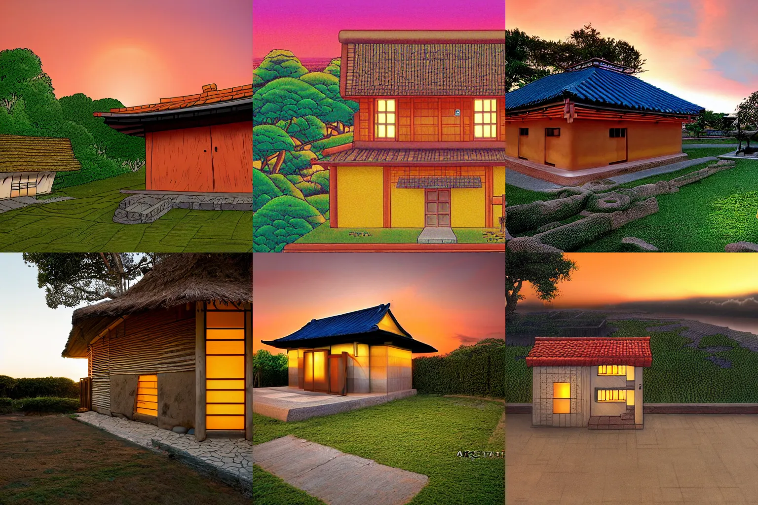 Prompt: kame house at sunset by akira toriyama