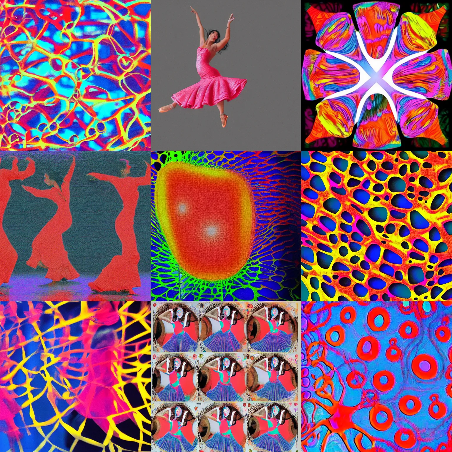 Prompt: variations of cells seen trough a miscroscope dancing flamenco