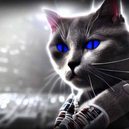 Prompt: unreal engine, cyborg cat in the style of hr geiger, cables, wires, high contrast, photo realistic