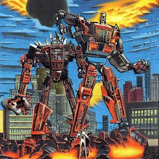 Prompt: 2 giant robots fighting together in big city, fire, destruction, art by Richard Corben