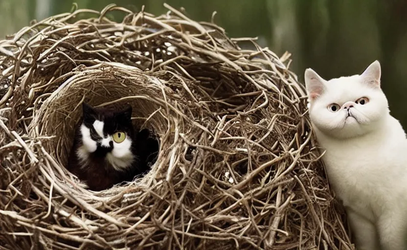 Prompt: david attenborough in a bird nest. sticks. An exotic shorthair cat guarding it's eggs. documentary, holding eggs, fluffy cat, national geographic, strange, photorealistic