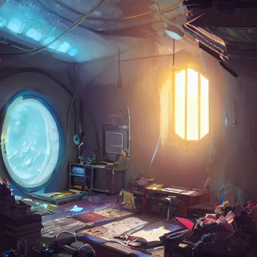 Prompt: detailed room in the sewer lair The room is a clutter if clothes and a bunkbed with space posters everywhere,soft,light,bright,epic,awesome,digital art, by Rossdraws and Greg rutkowski