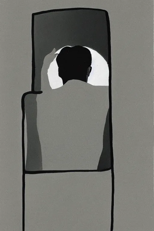 Image similar to man looking at his reflection in the mirror, 1960’s minimalist advertising illustration, painterly, expressive brush strokes