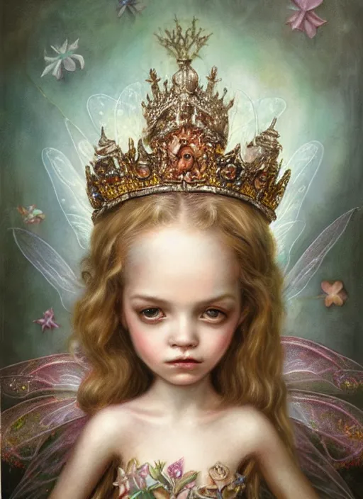 Image similar to highly detailed closeup portrait of a fairy princess wearing a crown and sitting on a throne, nicoletta ceccoli, mark ryden, lostfish, earl nore, global illumination, god rays, detailed and intricate environment