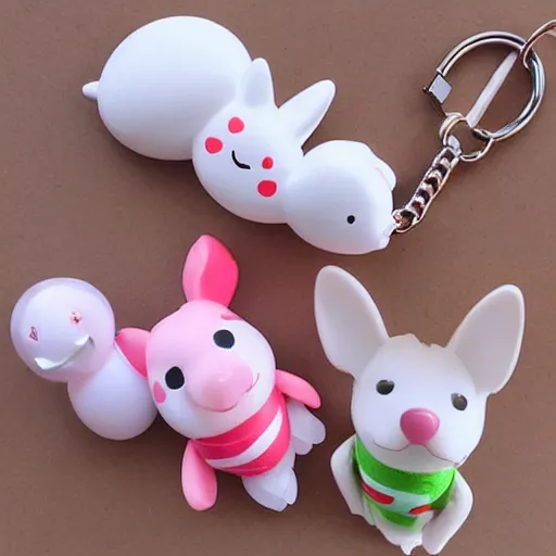 Prompt: some cute plastic toys that look like animal characters hanging from a backpack on a keychain, white, cream, and light pink