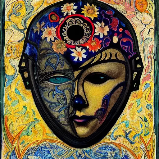 Prompt: masterpiece painting of a facemask made of stylized flowers, by annie swynnerton and jean delville and tino rodriguez and john watkiss, flower mask, art deco shaman, art brut, symbolist, dramatic lighting, god rays, elaborate geometric ornament, clean crisp graphics, soft cool colors, smooth, sharp focus, extremely detailed