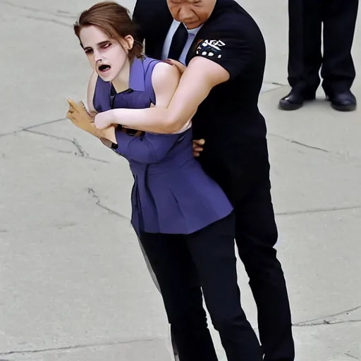 Image similar to angry emma watson putting xi jinping in a headlock as security agents close in, ap news