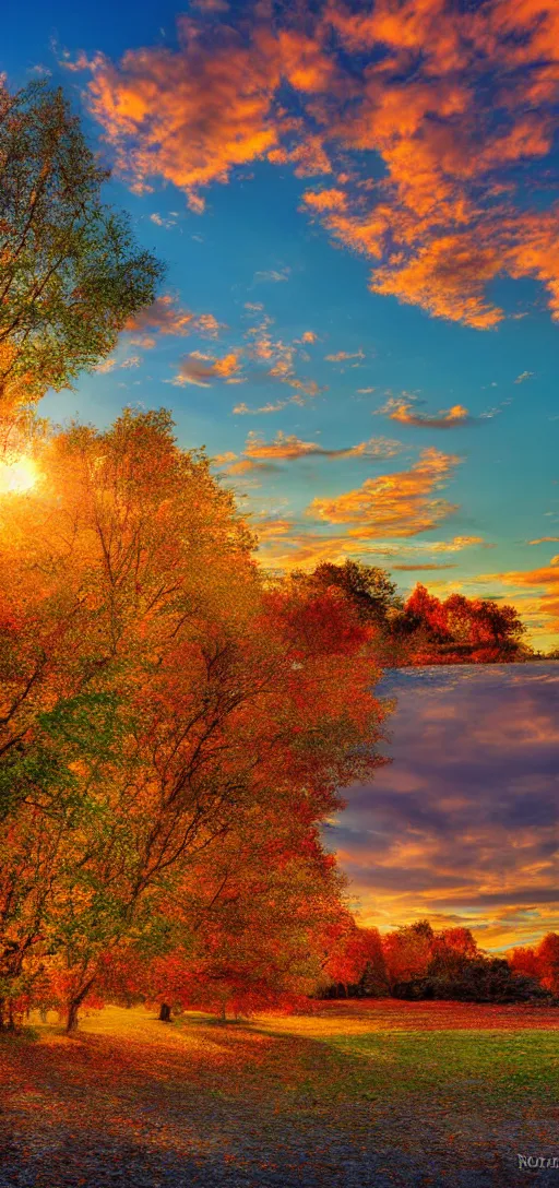 Image similar to Sunset on an autumn day in the park. 8k resolution. digital art by Robert Kurvitz.