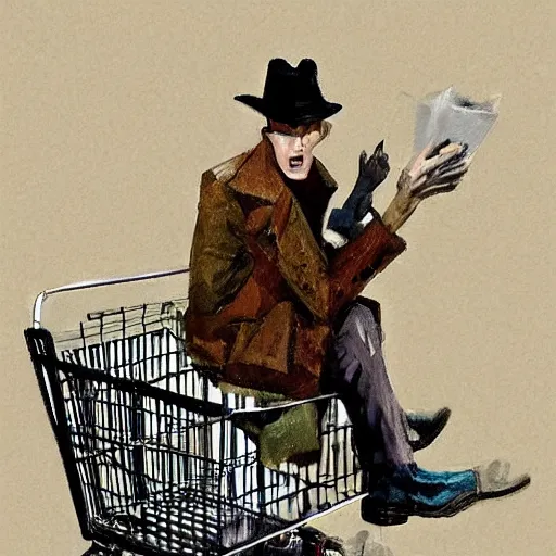 Prompt: nick valentine is sitting in a shopping cart, realism, stylization of art