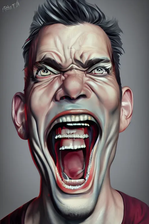 Prompt: digital portrait of a laughing psychotic man by rafa sandoval and shawn coss, centered, deviantart, artgerm