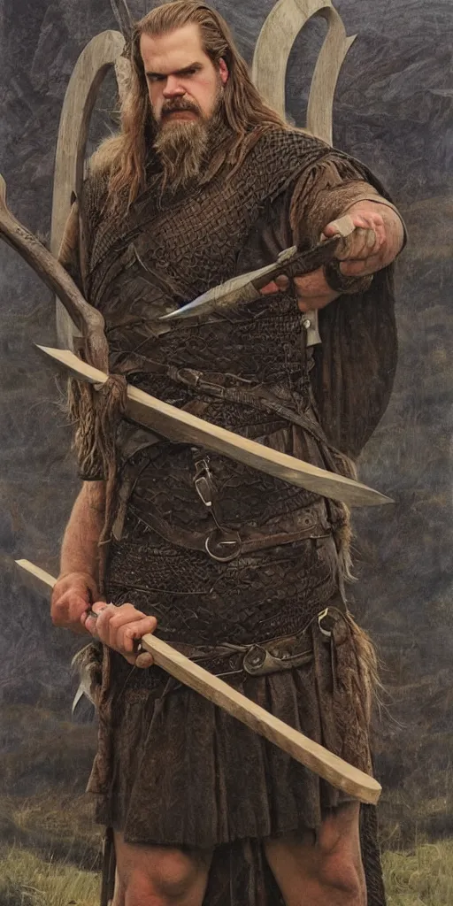 Image similar to david harbour wearing viking clothing and holding an axe by Gerald Brom