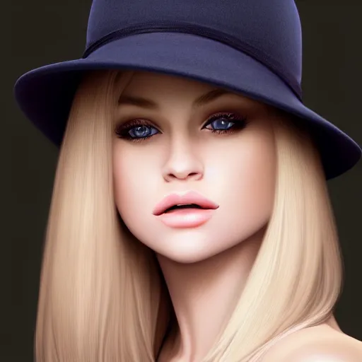 Prompt: a beautiful blonde female photo, wearing hat professionally retouched, soft lighting, in a photography studio, realistic, smooth face, perfect eyes, wide angle, sharp focus on eyes, 8 k high definition, insanely detailed, intricate, elegant, art by artgerm and wlop