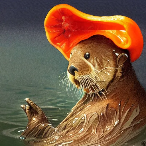 Prompt: a picture of a sea otter with an orange bell pepper on its head, full portrait, decorated with oceanic motifs, intricate, elegant, highly detailed, symmetry, headpiece, digital painting, artstation concept art smooth sharp focus, illustration, art by artgerm and greg rutkowski alphonse mucha 8 k