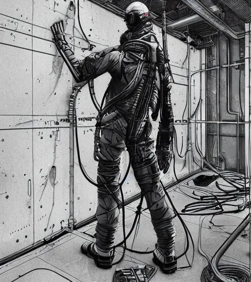 Image similar to realistic cyberpunk japanese engineer with long limbs and a black spacesuit welding a wall, techwear, dead space, visible face, Industrial Scifi, detailed illustration, character portrait, by Martin Grip and Moebius