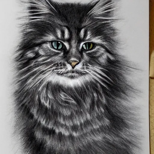 Prompt: long - haired siberian cat, illustration, charcoal, coulson, peter, bagshaw, tom