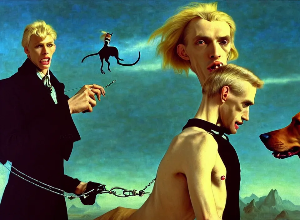 Image similar to realistic detailed portrait movie shot of an elegant blond male vampire with a doberman on a leash, sci fi landscape background by denis villeneuve, amano, yves tanguy, alphonse mucha, max ernst, caravaggio, roger dean, masterpiece, rich cold moody colours, dog teeth, blue eyes