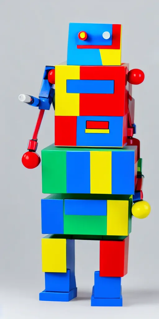 Image similar to A colorful boxy toy robot designed in a 1960s retro sci-fi style equipped with built in machine guns, studio photo white background