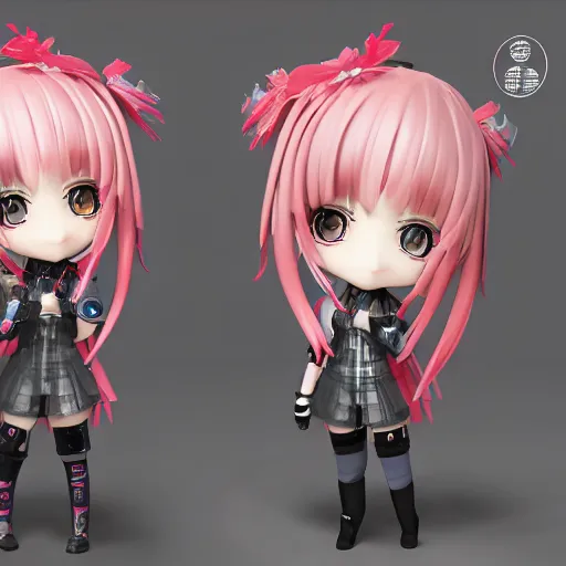 Image similar to portrait of a anime and chibi very cute doll by super ss, cyberpunk fashion, nendoroid, kawaii, cyberpunk fashion, character modeling, maximalist sculpted design, toy design, substance 3 d painter, vray, soft vinyl, trending in artstation