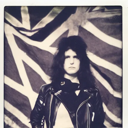 Image similar to 19-year-old girl wearing black leather jacket and denim jeans, New Wave of British Heavy Metal, 1981, Polaroid, crowd of longhairs, British flag, concert