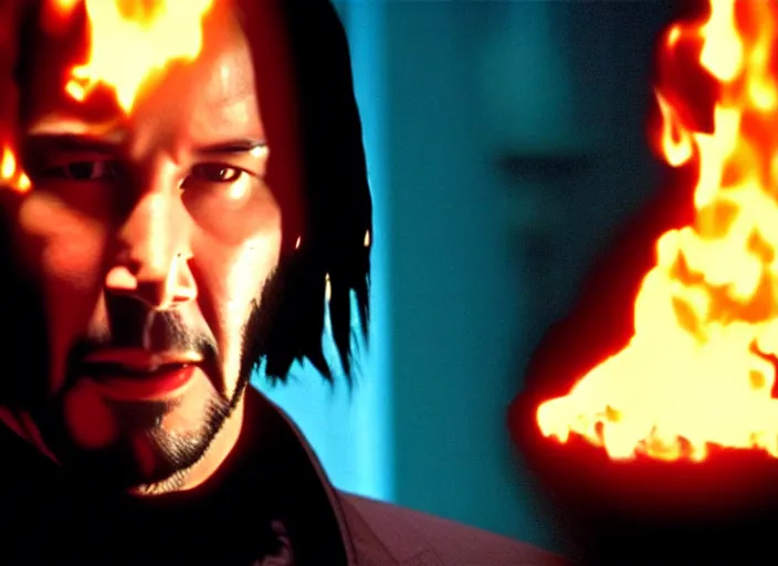 Image similar to Film still of Keanu Reeves as Neo in The Matrix movie doing a thumb up to the camera in front on burning servers, servers in flames in the background, doing a thumb up, The Matrix servers on fire, uncropped, full body, crispy, symmetrical face, ultra detailed, cinematic