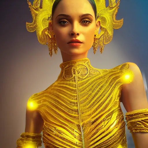 Image similar to portrait of bright yellow dress, glowing, ornate and intricate, jaw dropping beauty, glowing background lighting, white accent lighting, hyper detailed, 4 k octane render