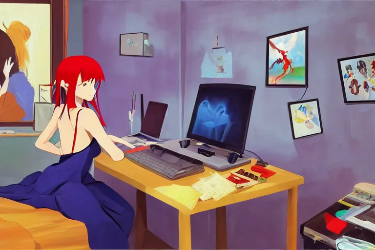 Prompt: oil painting of a girl using a computer in her room, anime, studio gainax, y2k, 2000s, posters, cluttered room