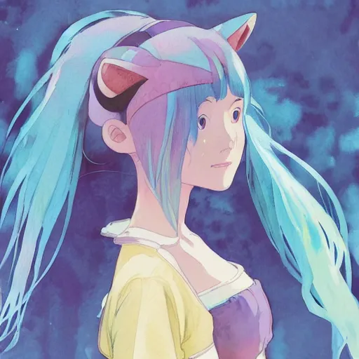 Image similar to a wholesome animation key shot of a blue haired girl with a raccoon tail, studio ghibli, pixar and disney animation, sharp, disney concept art watercolor illustration by mandy jurgens and alphonse mucha and alena aenami, pastel color palette, dramatic lighting