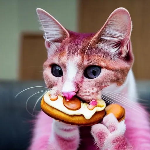 Image similar to photo of a pink cat with pink fur, eating a hamburger, biting a hamburger-C 12