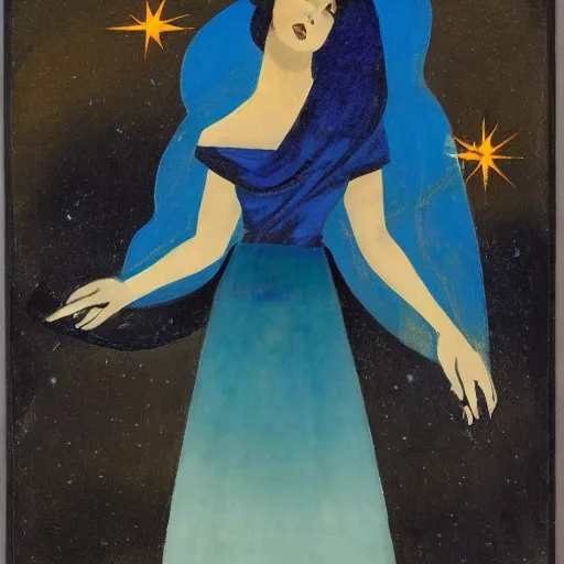 Image similar to navajo green distorted by arturo souto, by kees scherer. a conceptual art of a woman with wings made of stars, surrounded by a blue & white night sky. the woman is holding a staff in one hand, & a star in the other. she is wearing a billowing dress, & her hair is blowing in the wind.