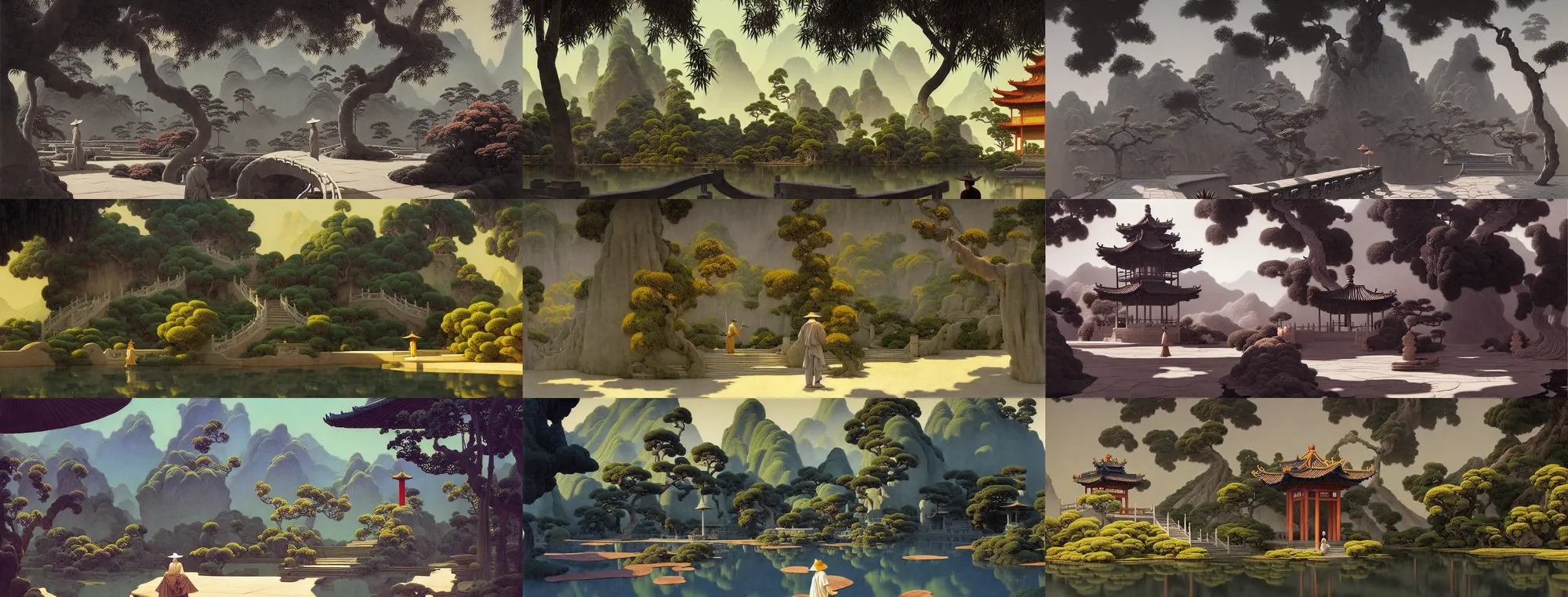 Prompt: a gorgeous landscape painting by barlowe wayne maxfield parrish and marco mazzoni. chinese temple. just one lonely grey chinese wuxia with bamboo hat walks on the winding steps. ultra clear detailed. 3 d, octane render. turbulent blood lake.