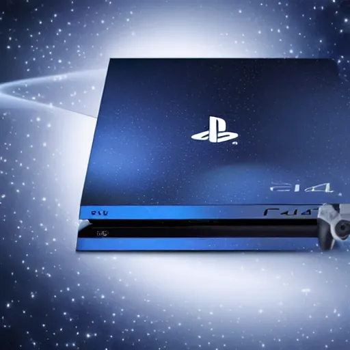 Image similar to a playstation 4 in space wrapped with a ribbon like a present, realistic, detailed, hd photography