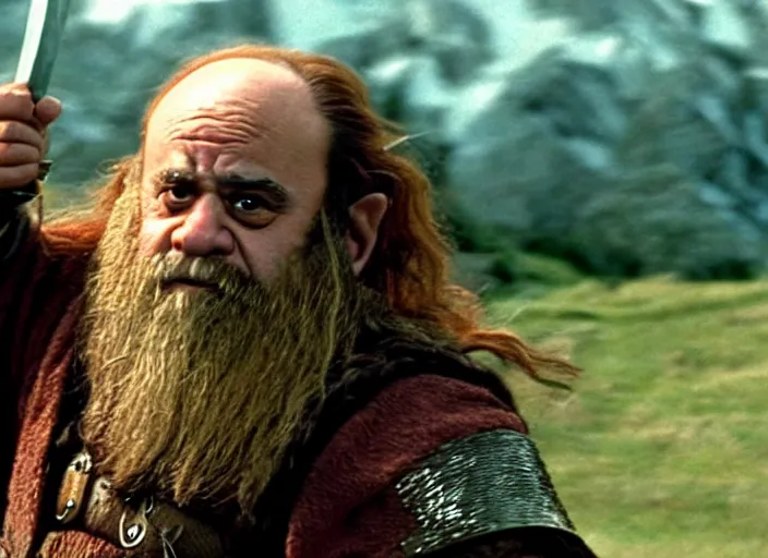 Image similar to film still of danny devito as gimli in lord of the rings movie, 8 k