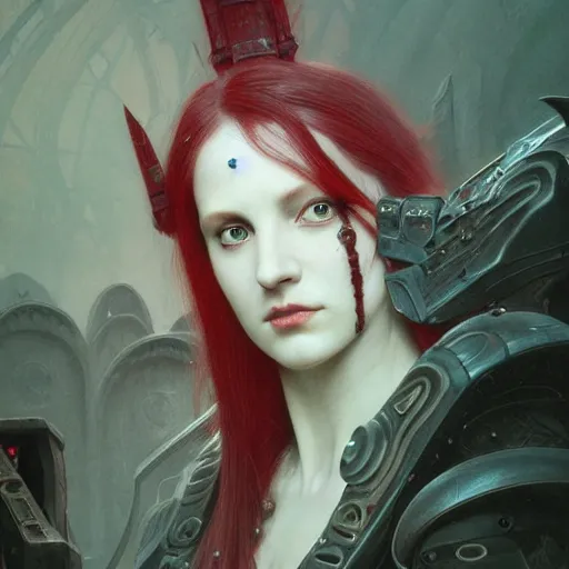 Image similar to Portrait of beautiful pale warhammer 40000 goth maiden, dark fantasy, red light, digital illustration, intricate, highly detailed, smooth, artstation, painted by Wayne Barlowe and Greg Rutkowski and zdislav beksinski and Ruan Jia and Mandy Jurgens and Artgerm and william-adolphe bouguereau