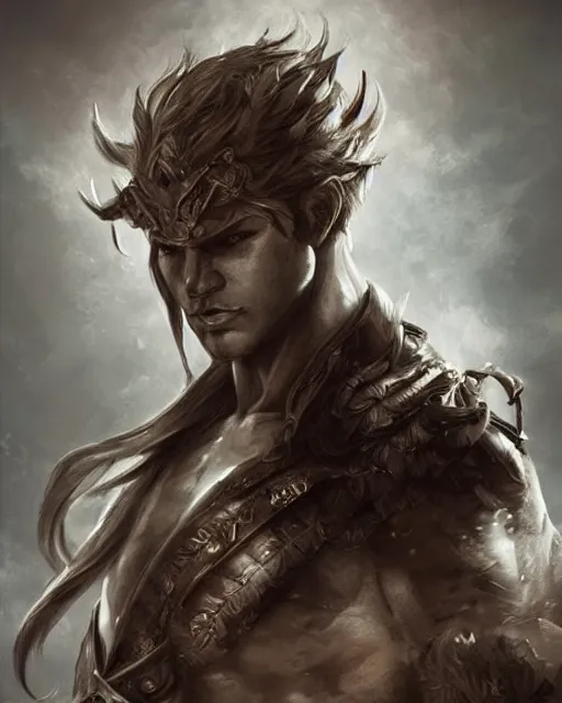 Prompt: portrait of a male warrior, fierce, masculine, ross tran, muted colors, greeneyes!!!!!!!!!!!, highly detailed sculpture, intricate detailed, ommatidia, 8 k, cinematic atmosphere