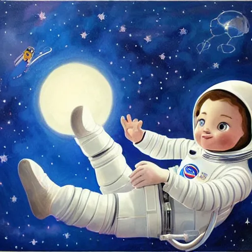 Image similar to a cute little girl with a round cherubic face, blue eyes, and short wavy light brown hair smiles as she floats in space with stars all around her. she is an astronaut, wearing a space suit. beautiful cartoon painting with highly detailed face by axel scheffler and greg rutkowski