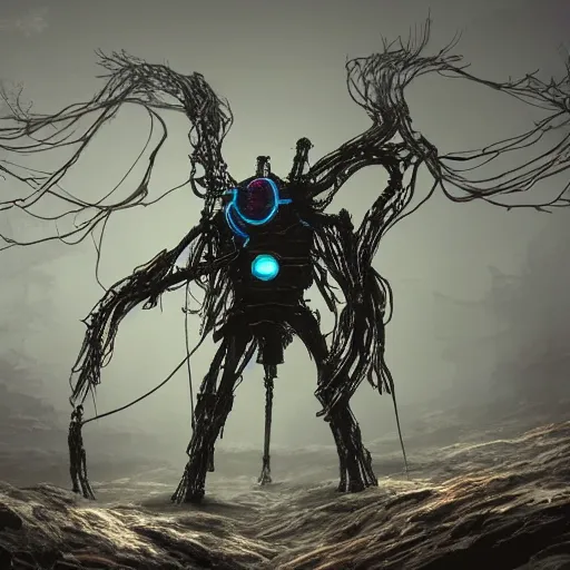 Image similar to Hunter in combat wooden giant walker exoskeleton with chrome details walks between the mystical foggy roots. by Dan Mumford and Tsutomu Nihei make game in Unreal Engine photorealism colorful finalRender iridescent fantasy concept art 8k resolution concept art ink drawing volumetric lighting bioluminescence, plasma, neon, brimming with energy, electricity, power, Colorful Sci-Fi Steampunk Biological Living, cel-shaded, depth, particles, lots of reflective surfaces, subsurface scattering